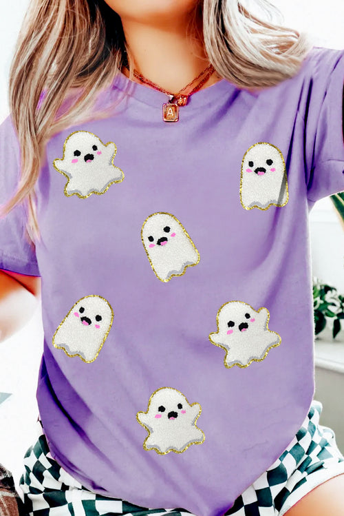 Wisteria Glitter Trim Chenille Ghost Patched Halloween Graphic Tee - KaleaBoutique.com