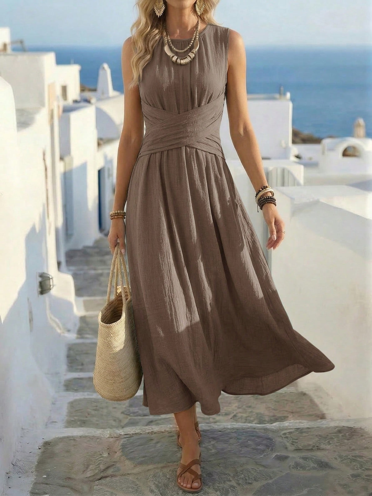 Women's Sleeveless Round-Neck Crossover-Waist Maxi Dress - KaleaBoutique.com