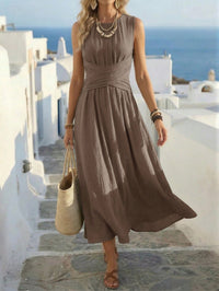 Women's Sleeveless Round-Neck Crossover-Waist Maxi Dress - KaleaBoutique.com