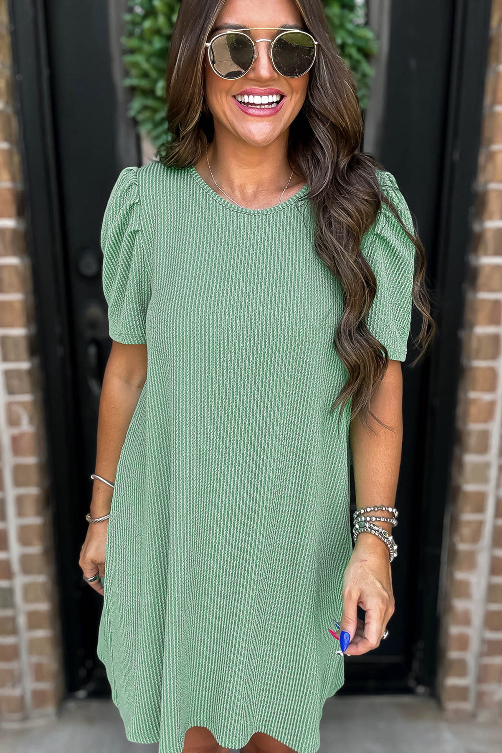 Corded Knit Crew Neck Puff Sleeve Shift Mini Dress - KaleaBoutique.com