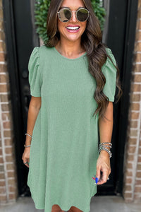 Corded Knit Crew Neck Puff Sleeve Shift Mini Dress - KaleaBoutique.com