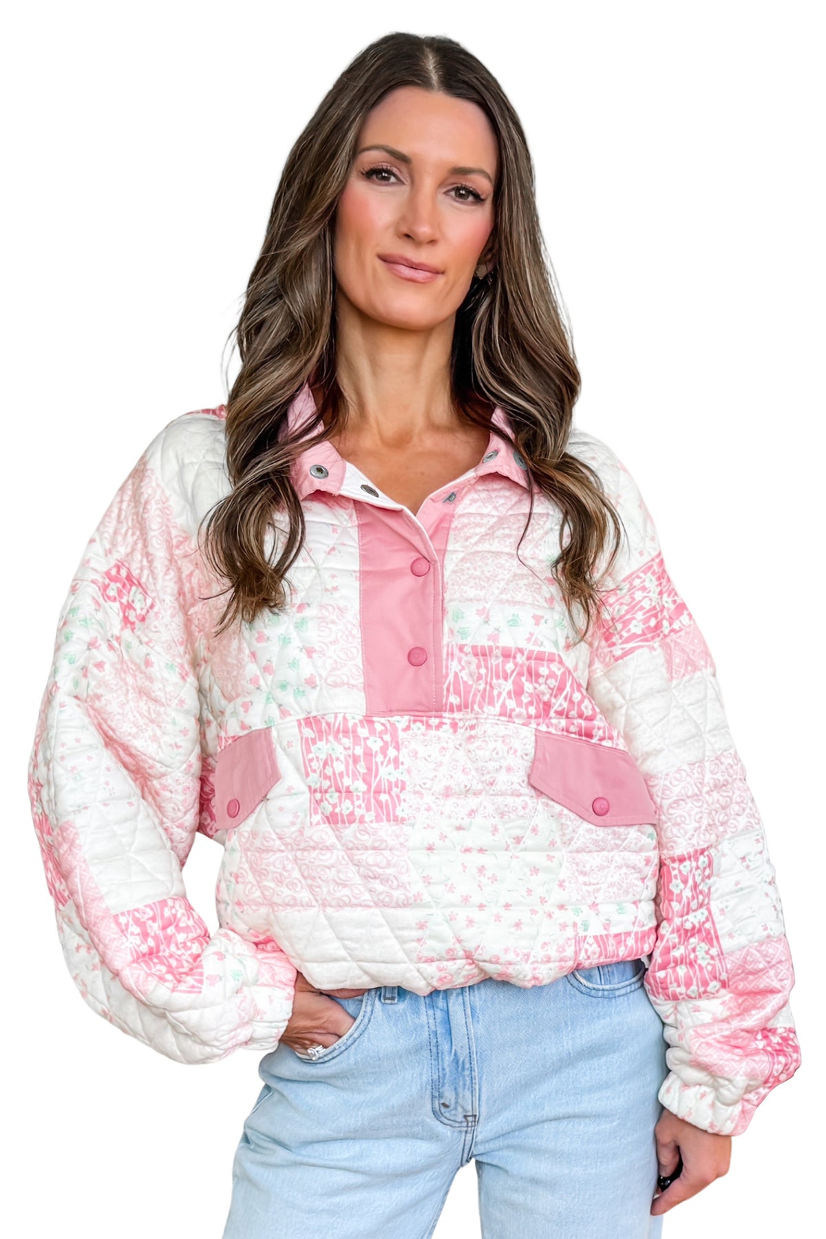 KaleaBoutique Stylish Floral Quilted Half Button Pocketed Pullover Sweatshirt - KaleaBoutique.com