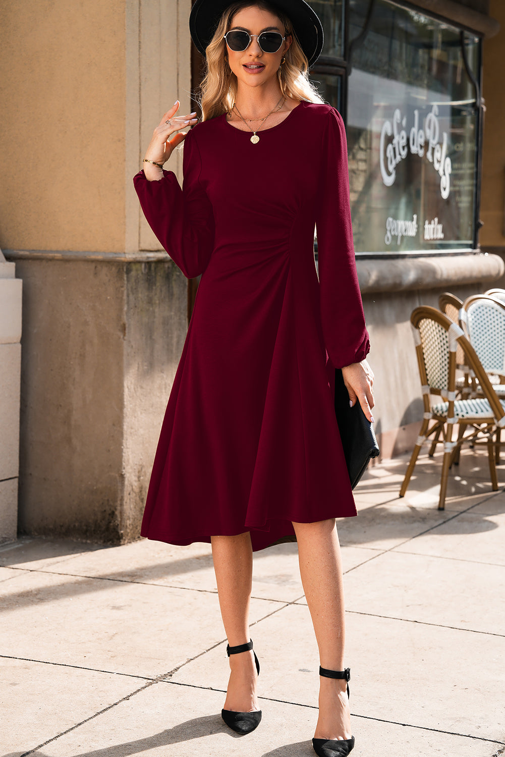 Solid Color Ruched Detail Long Sleeve Midi Dress - KaleaBoutique.com
