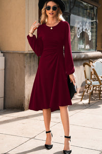 Solid Color Ruched Detail Long Sleeve Midi Dress - KaleaBoutique.com