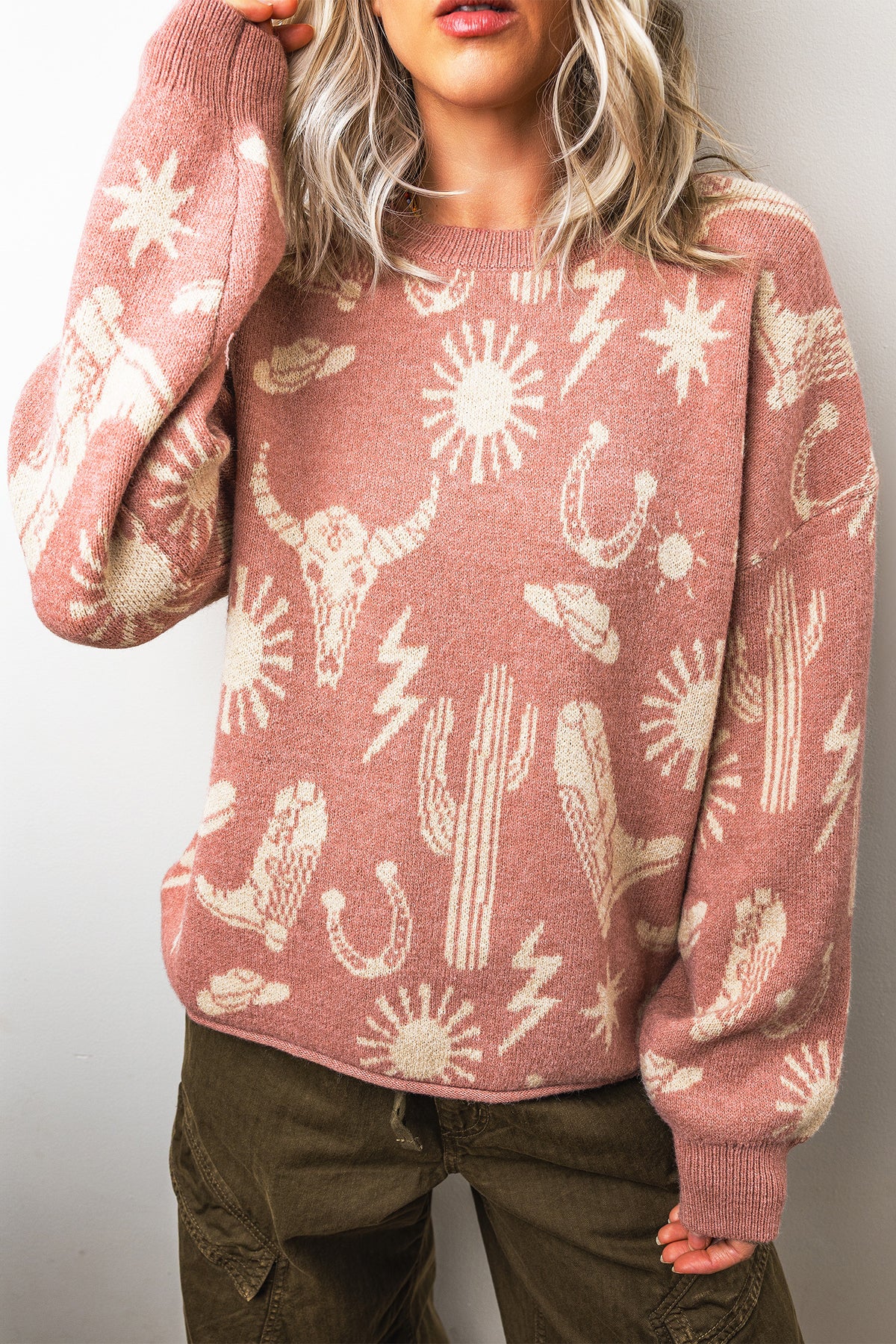 Western Print Drop Shoulder Round Neck Long Sleeve Sweater - KaleaBoutique.com