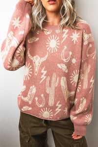 Western Print Drop Shoulder Round Neck Long Sleeve Sweater - KaleaBoutique.com