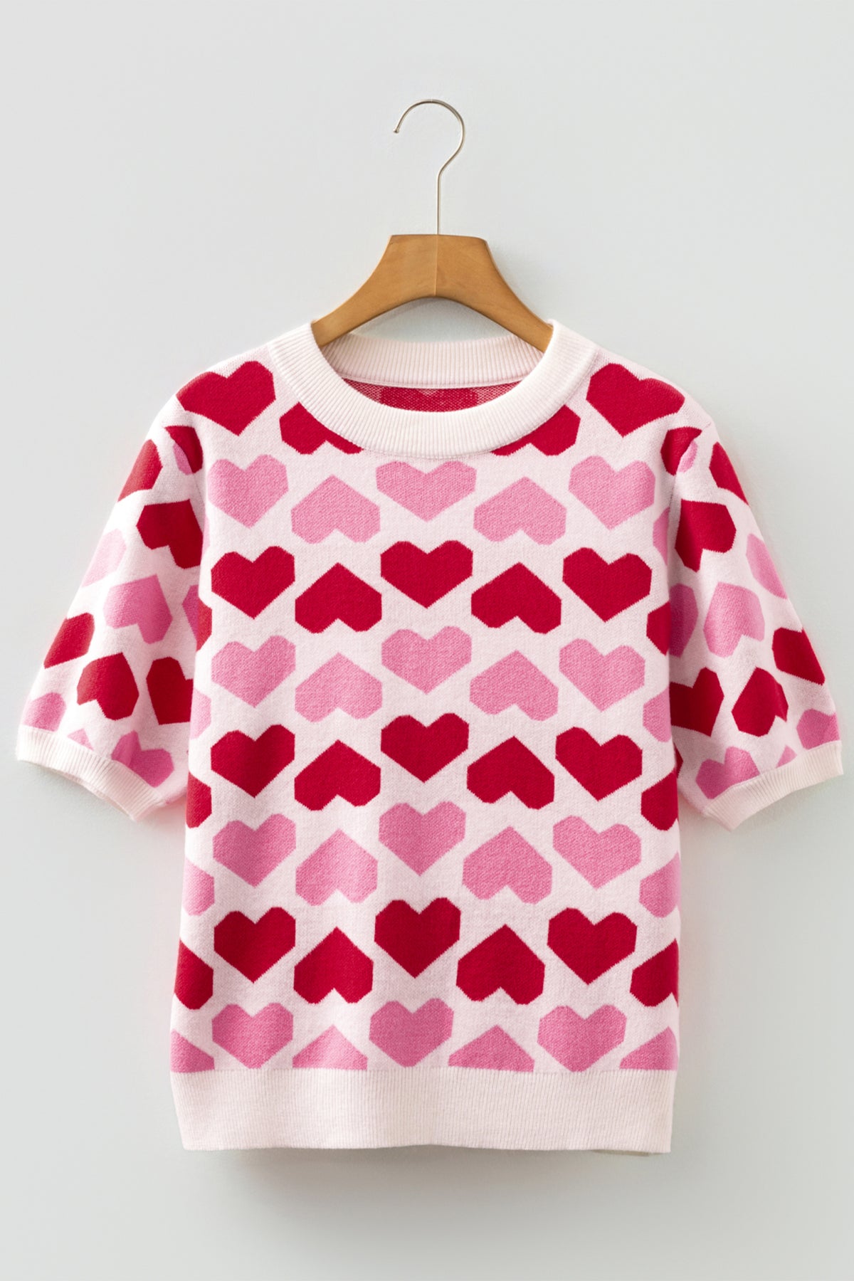 KaleaBoutique Comfortable 2-tone Heart Print Valentine Crew Neck Short Sleeve Sweater - KaleaBoutique.com