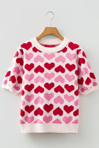 KaleaBoutique Comfortable 2-tone Heart Print Valentine Crew Neck Short Sleeve Sweater - KaleaBoutique.com
