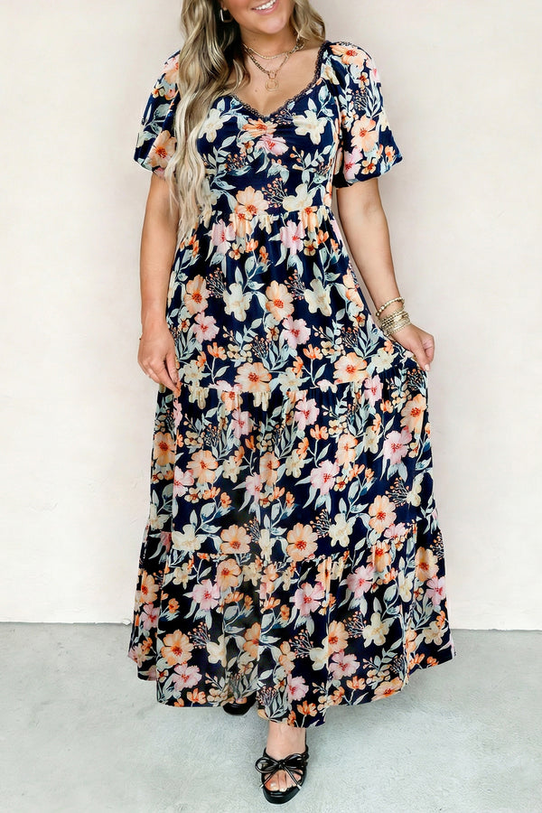 KaleaBoutique Comfortable Short Sleeve Smocked Detail High Waist Floral Maxi Dress - KaleaBoutique.com