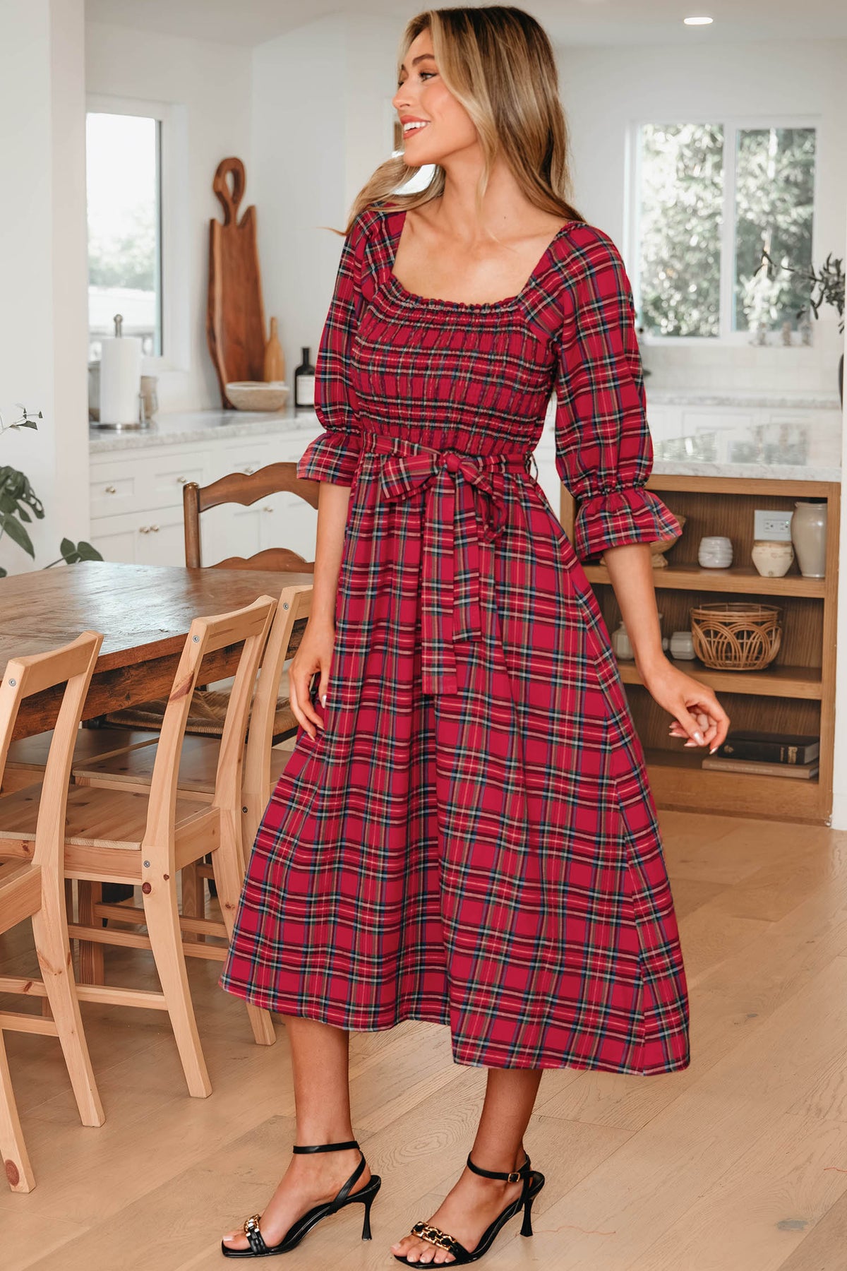 KaleaBoutique Stylish Plaid Square Neck Puff Sleeve Knot Waist Flared Midi Dress - KaleaBoutique.com