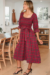 KaleaBoutique Stylish Plaid Square Neck Puff Sleeve Knot Waist Flared Midi Dress - KaleaBoutique.com