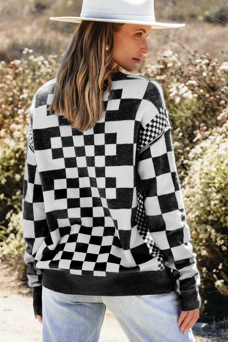 KaleaBoutique Checkered Print Drop Shoulder Round Neck Sweater - KaleaBoutique.com