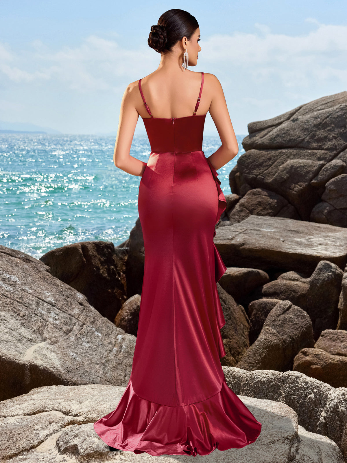 Sexy Wine Red Toasting Long Dress With Thin Straps And Ruffled Lace, Wedding And Party Evening Gown - KaleaBoutique.com