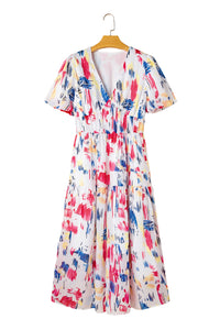 KaleaBoutique Stylish Abstract Print Short Puff Sleeve Tiered Maxi Dress - KaleaBoutique.com