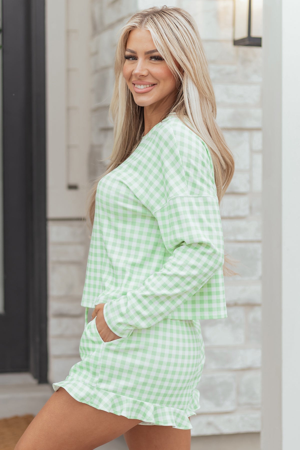 KaleaBoutique Stylish Gingham Long Sleeve Loose Top Drawstring Shorts 2pcs Lounge Set - KaleaBoutique.com