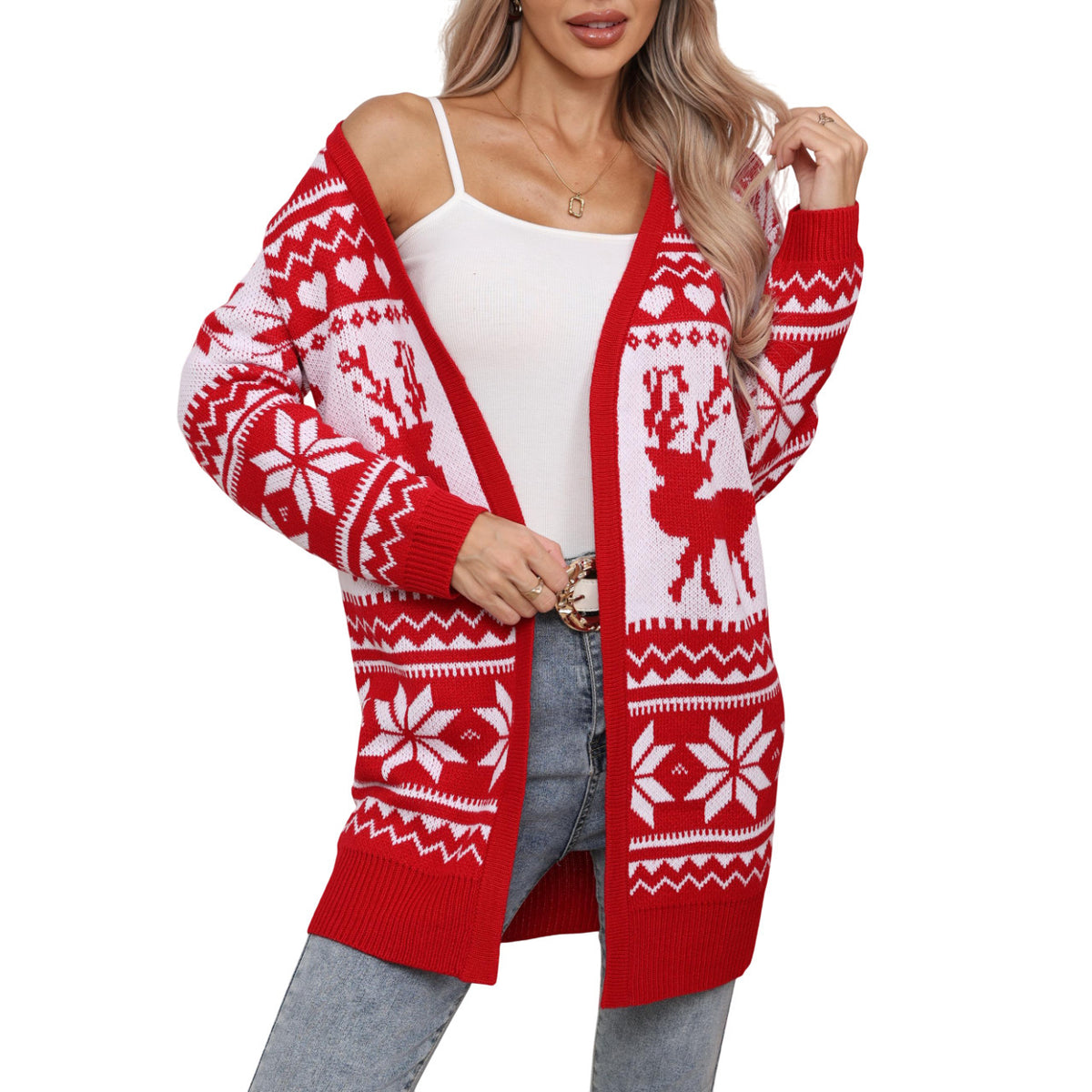 Women's Reindeer and Snowflake Longline Open-Front Cardigan - KaleaBoutique.com