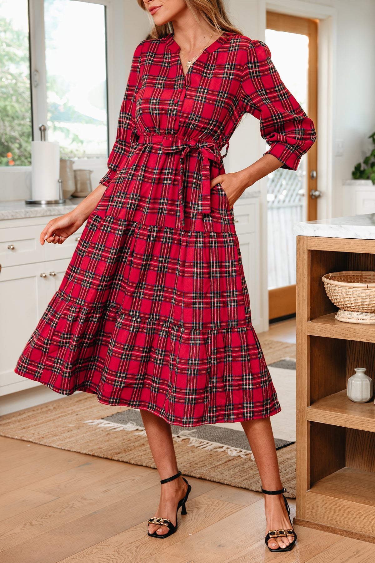 KaleaBoutique Christmas Plaid V Neck 3/4 Sleeve Tie Waist Ruffle Hem Long Dress - KaleaBoutique.com