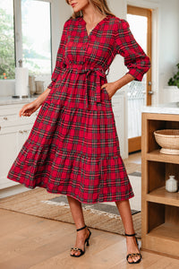 KaleaBoutique Christmas Plaid V Neck 3/4 Sleeve Tie Waist Ruffle Hem Long Dress - KaleaBoutique.com