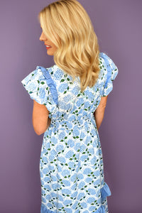 KaleaBoutique Comfortable Hydrangea Floral Print Ruffle Trim Flutter Sleeve Long Dress - KaleaBoutique.com