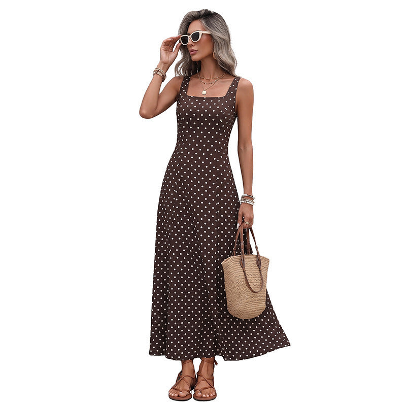 Women's Coffee Brown Polka-Dot Sleeveless Maxi Slip Dress - KaleaBoutique.com