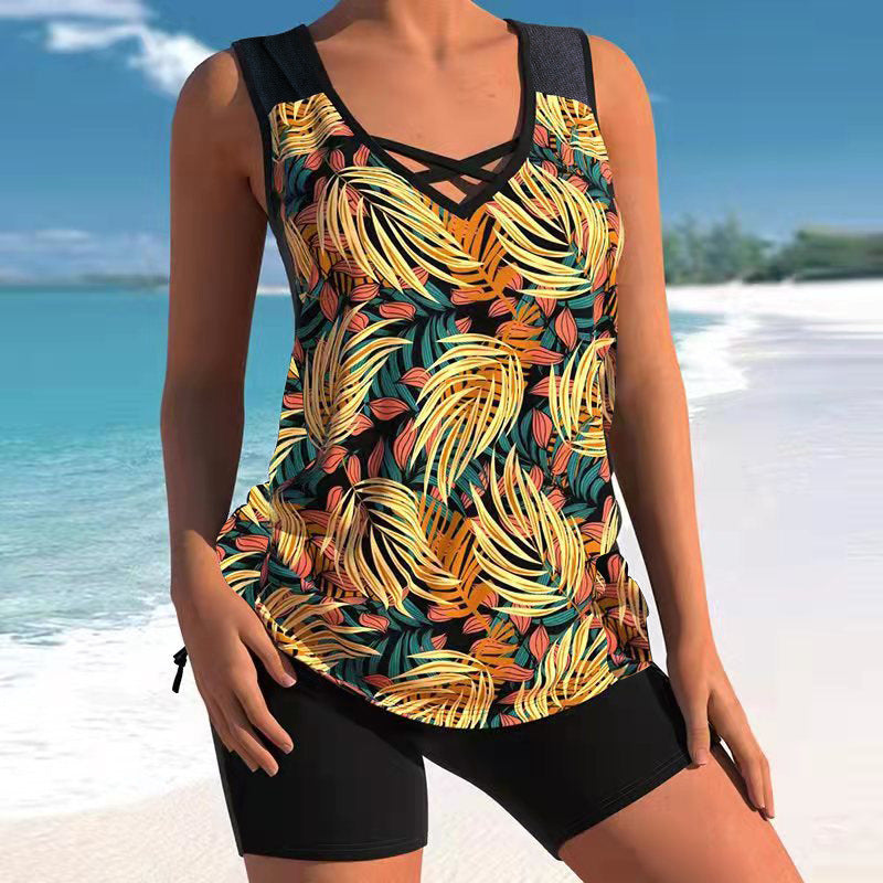 Women's Printed Crisscross Swim Top and Shorts 2 PC Tankini Set - KaleaBoutique.com
