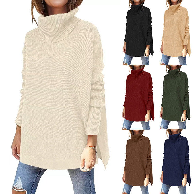 Turtleneck Sweater Mid Length Batwing Sleeve Slit Hem Tunic Pullover Sweaters Winter Tops Women Clothing - KaleaBoutique.com