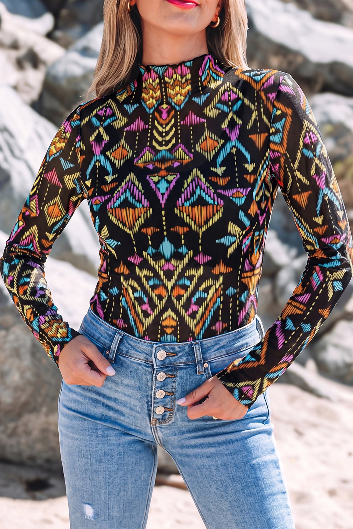 KaleaBoutique Stylish Abstract Print Long Sleeve Stand Neck Mesh Top - KaleaBoutique.com