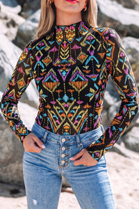 KaleaBoutique Stylish Abstract Print Long Sleeve Stand Neck Mesh Top - KaleaBoutique.com