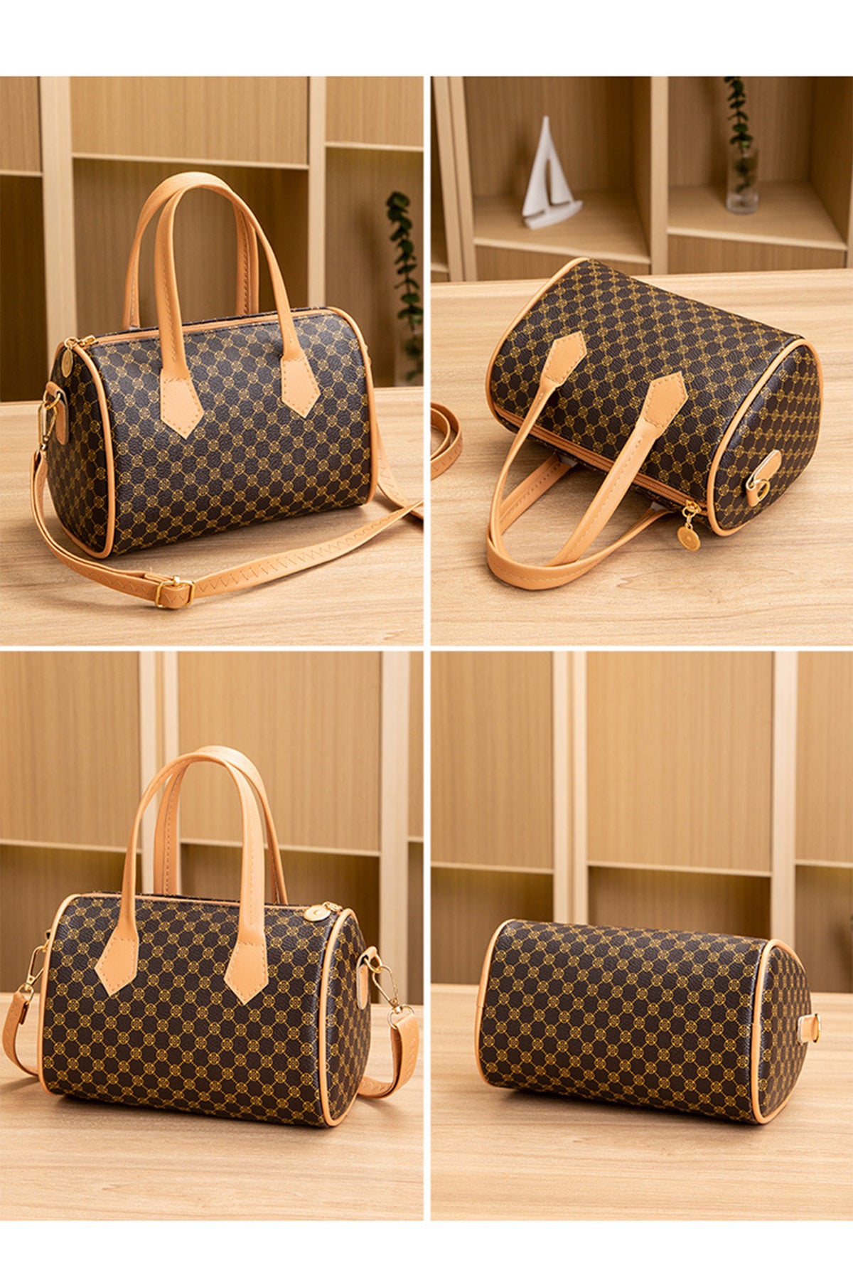 Coffee Retro Geometric Print Portable Shoulder Strap PU Leather Bag - KaleaBoutique.com