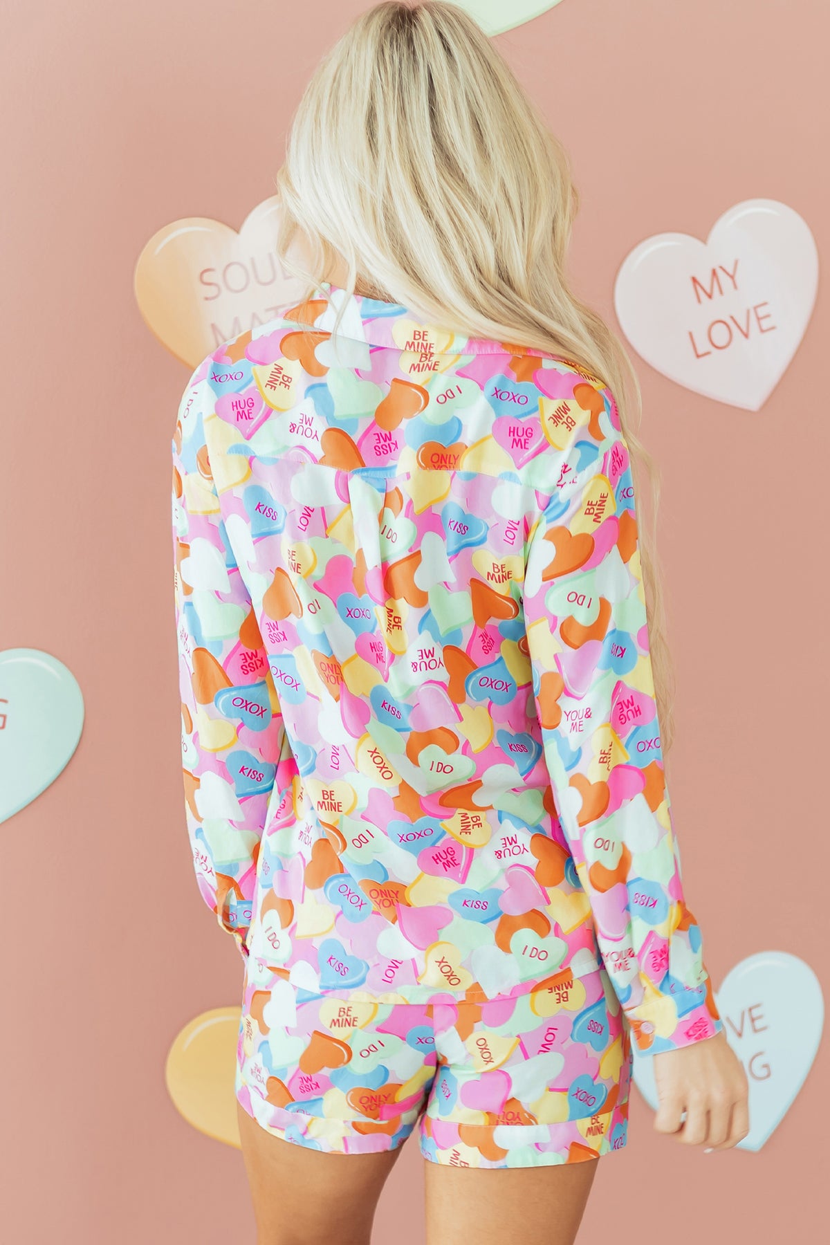 KaleaBoutique Comfortable Valentines Candy Heart V Neck Collared Tunic Shirt and Shorts 2pcs Pajama Set - KaleaBoutique.com
