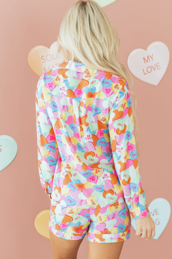 KaleaBoutique Comfortable Valentines Candy Heart V Neck Collared Tunic Shirt and Shorts 2pcs Pajama Set - KaleaBoutique.com