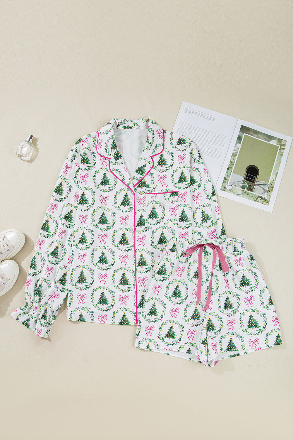 KaleaBoutique Comfortable Christmas Fashion Print Velvet Trim Bow Knot Pajama 2pcs Short Set - KaleaBoutique.com