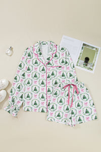 KaleaBoutique Comfortable Christmas Fashion Print Velvet Trim Bow Knot Pajama 2pcs Short Set - KaleaBoutique.com