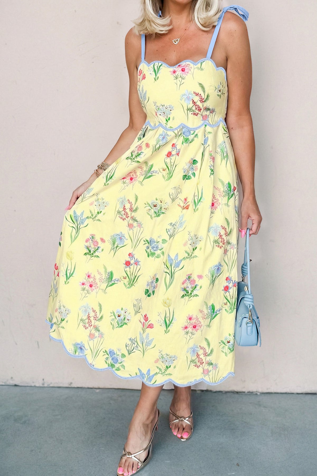 KaleaBoutique Stylish Floral Print Contrast Trim Self-tie Straps High Waist Midi Dress - KaleaBoutique.com
