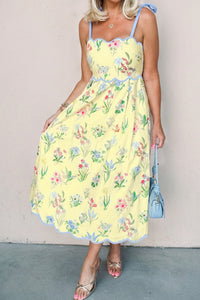 KaleaBoutique Stylish Floral Print Contrast Trim Self-tie Straps High Waist Midi Dress - KaleaBoutique.com