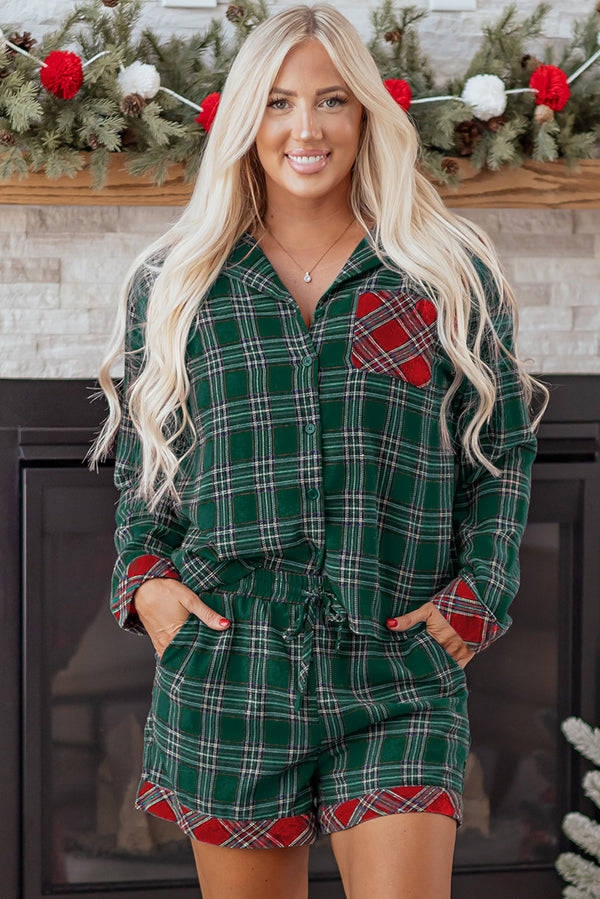KaleaBoutique Comfortable Plaid Contrast Patched Christmas Holiday Long Sleeve Shirt and Short 2pcs Pajama Set - KaleaBoutique.com
