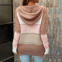 Women's Color Block V-Neck Lace-Up Front Hooded Cardigan - KaleaBoutique.com