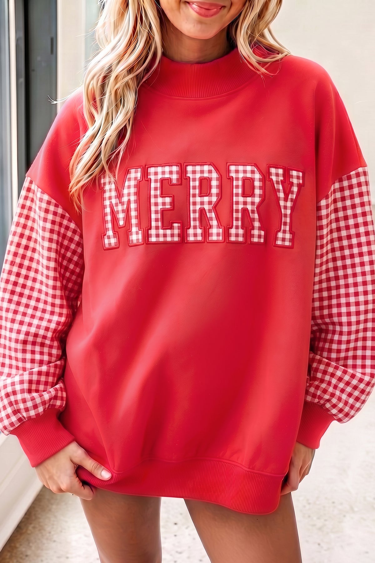Gingham Plaid Sleeve Colorblock Oversized Pullover Sweatshirt - KaleaBoutique.com