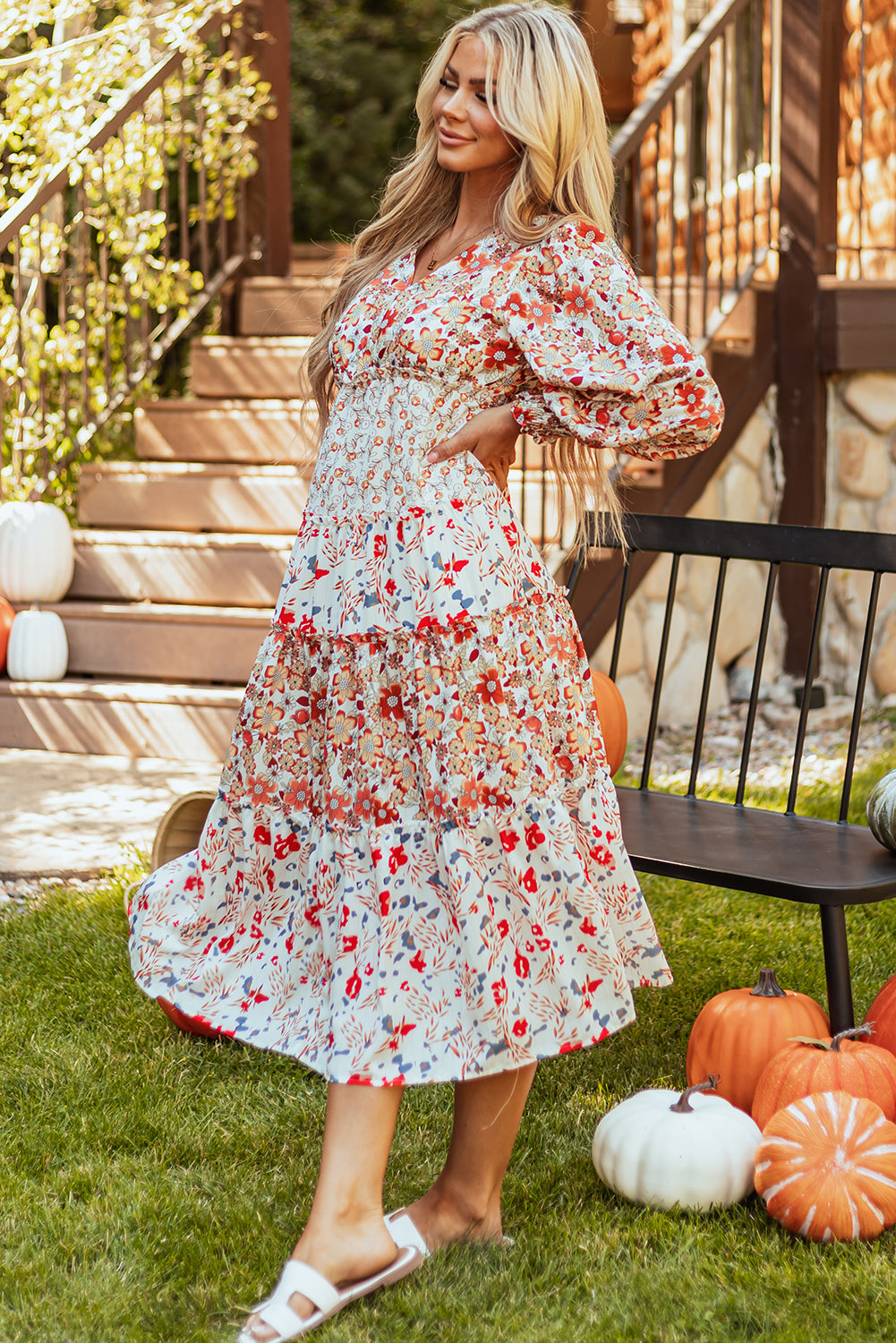 KaleaBoutique Stylish Floral Print Ruffled Tiered Long Sleeve V Neck Midi Dress - KaleaBoutique.com