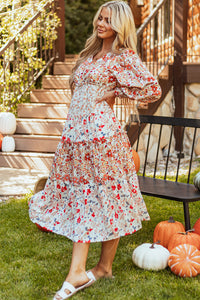 KaleaBoutique Stylish Floral Print Ruffled Tiered Long Sleeve V Neck Midi Dress - KaleaBoutique.com