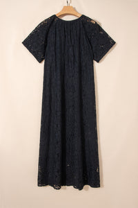 KaleaBoutique Comfortable Floral Lace Overlay Tassel Tie Short Sleeve Beach Vacation Loose Maxi Dress - KaleaBoutique.com