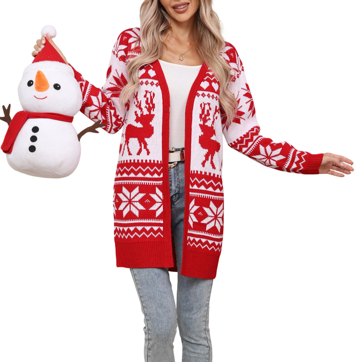 Women's Reindeer and Snowflake Longline Open-Front Cardigan - KaleaBoutique.com