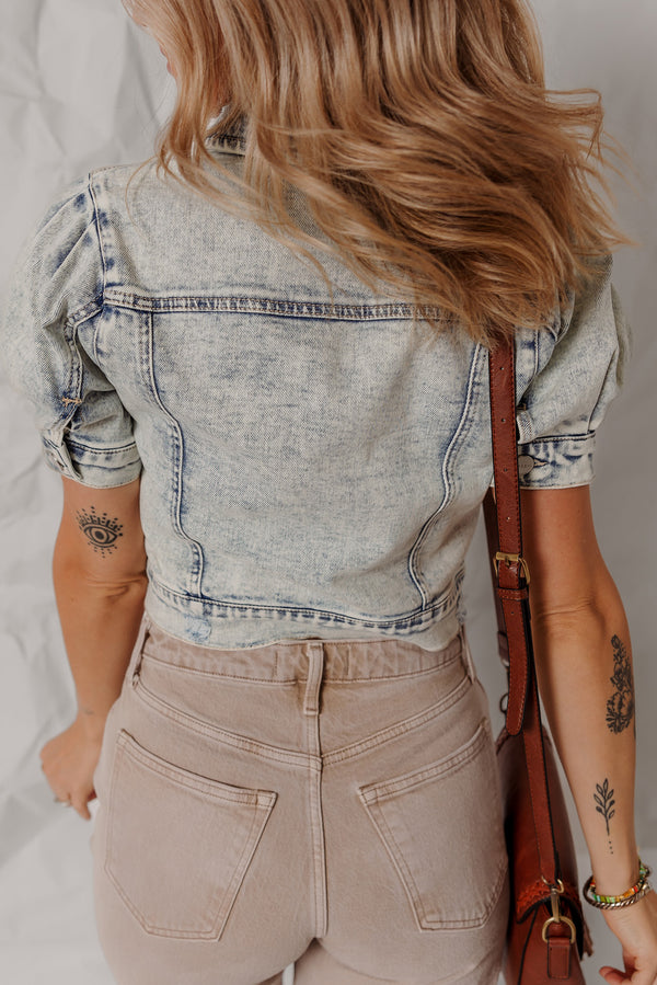 Light Wash Buttoned Chest Pocket Puff Sleeve Denim Jacket - KaleaBoutique.com