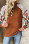 KaleaBoutique Stylish Floral Patchwork Long Sleeve Ribbed Blouse - KaleaBoutique.com