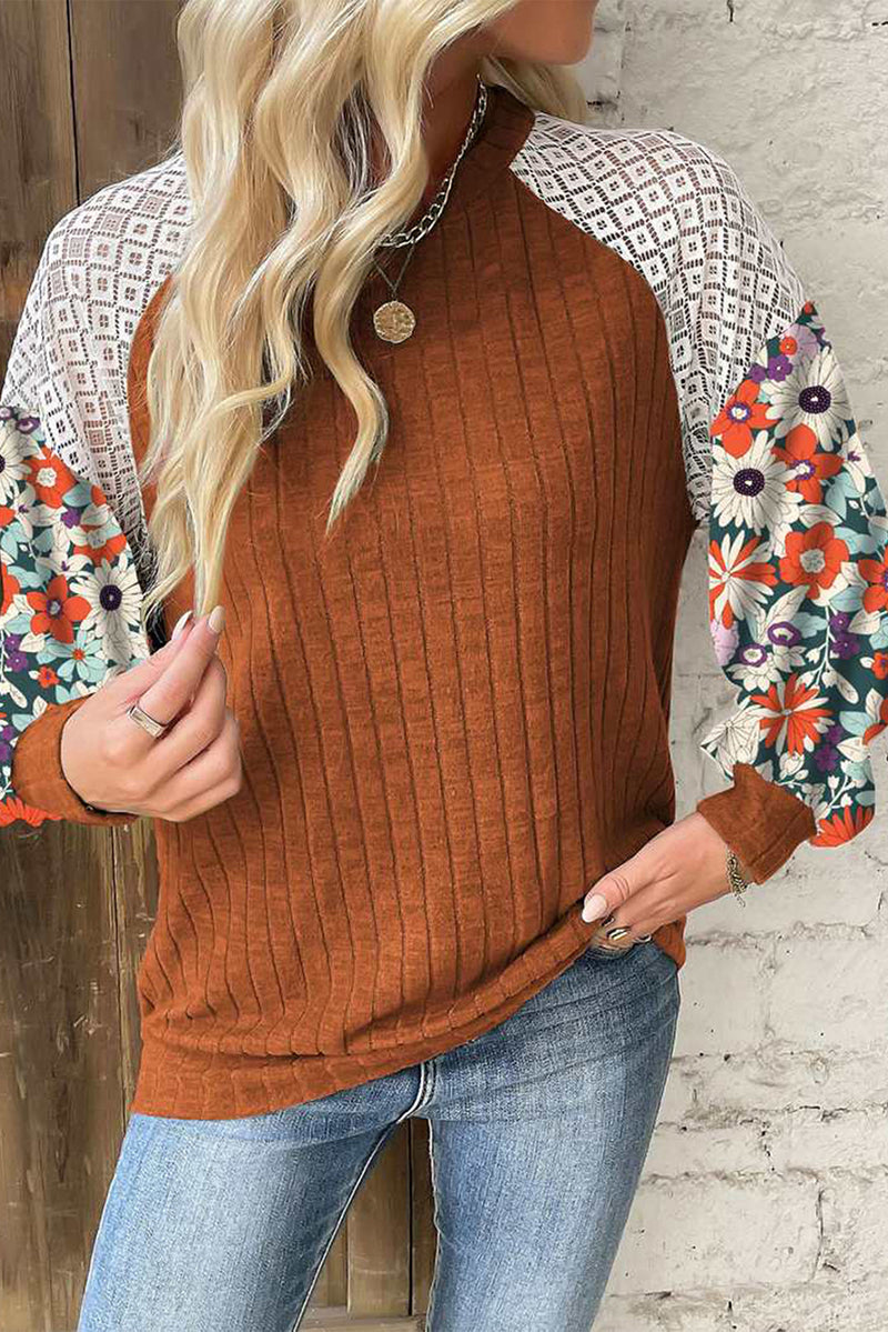 KaleaBoutique Stylish Floral Patchwork Long Sleeve Ribbed Blouse - KaleaBoutique.com