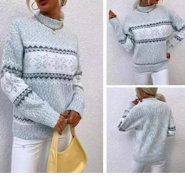Women's Snowflake Mock-Neck Pastel Color Christmas Pullover Sweater - KaleaBoutique.com