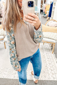 KaleaBoutique Stylish Ribbed Floral Contrast Patchwork Long Sleeve Top - KaleaBoutique.com