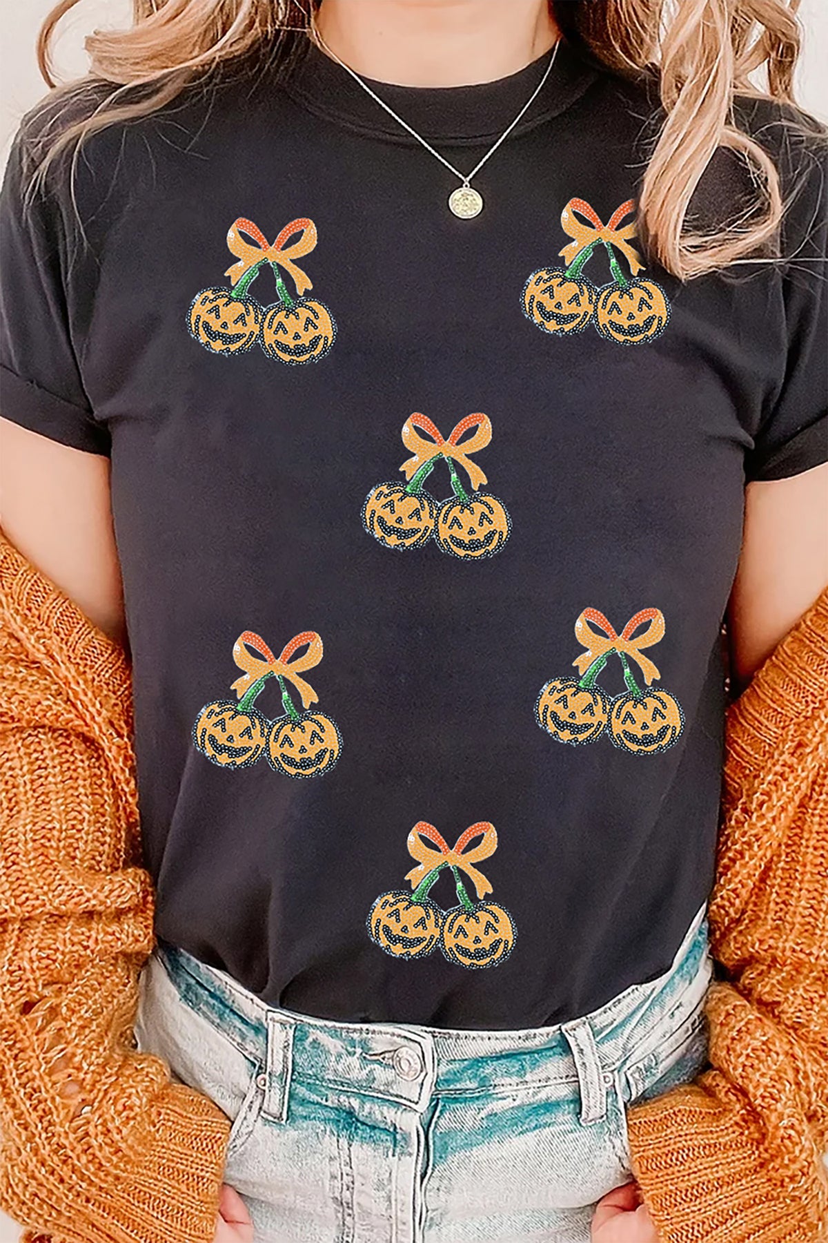 Black Sequin Pumpkin Cherry Halloween Graphic Tee - KaleaBoutique.com