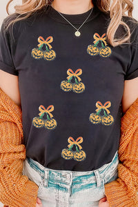 Black Sequin Pumpkin Cherry Halloween Graphic Tee - KaleaBoutique.com