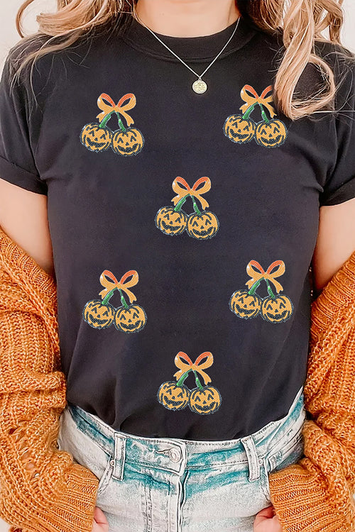 Black Sequin Pumpkin Cherry Halloween Graphic Tee - KaleaBoutique.com